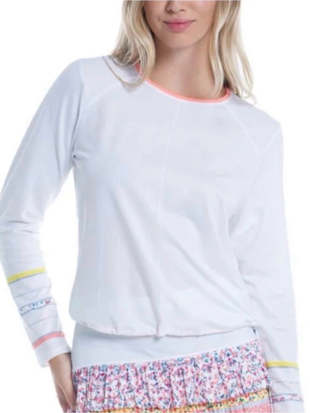 Lucky in Love Women's Liberty White Mesh Long Sleeve Tennis Top Coral trim XL